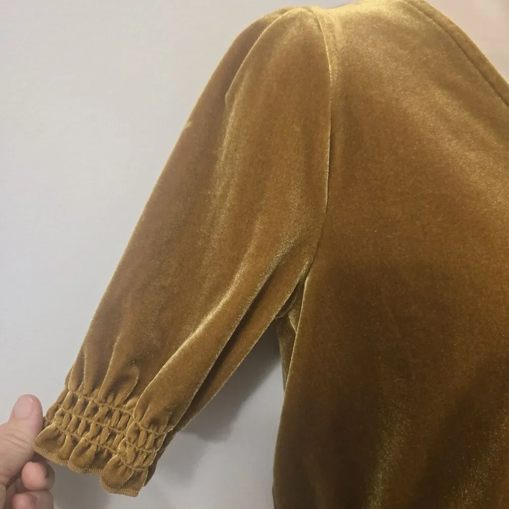 Madewell Velvet Wrap Top XS Mustard Gold Puff Sleeve Renaissance Boho Whimsigoth